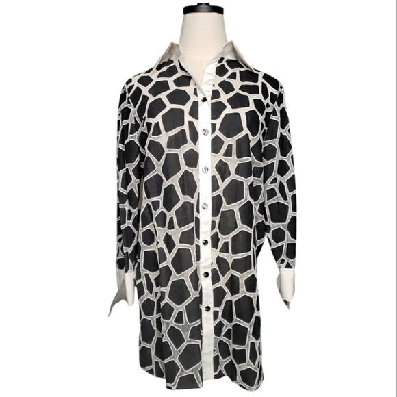 Mischa Netting Sheer Animal Geometric Abstract Rhinestone Tunic Contrast Top M - Picture 2 of 12